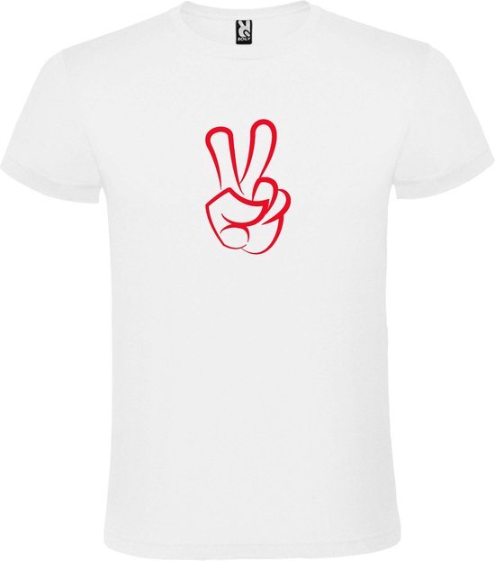 Wit  T shirt met  "Peace  / Vrede teken" print Rood size L