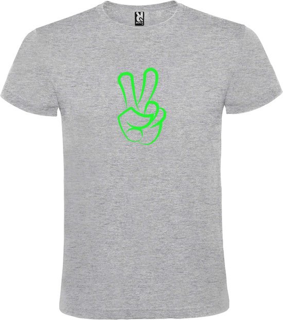 Grijs  T shirt met  "Peace  / Vrede teken" print Neon Groen size XS