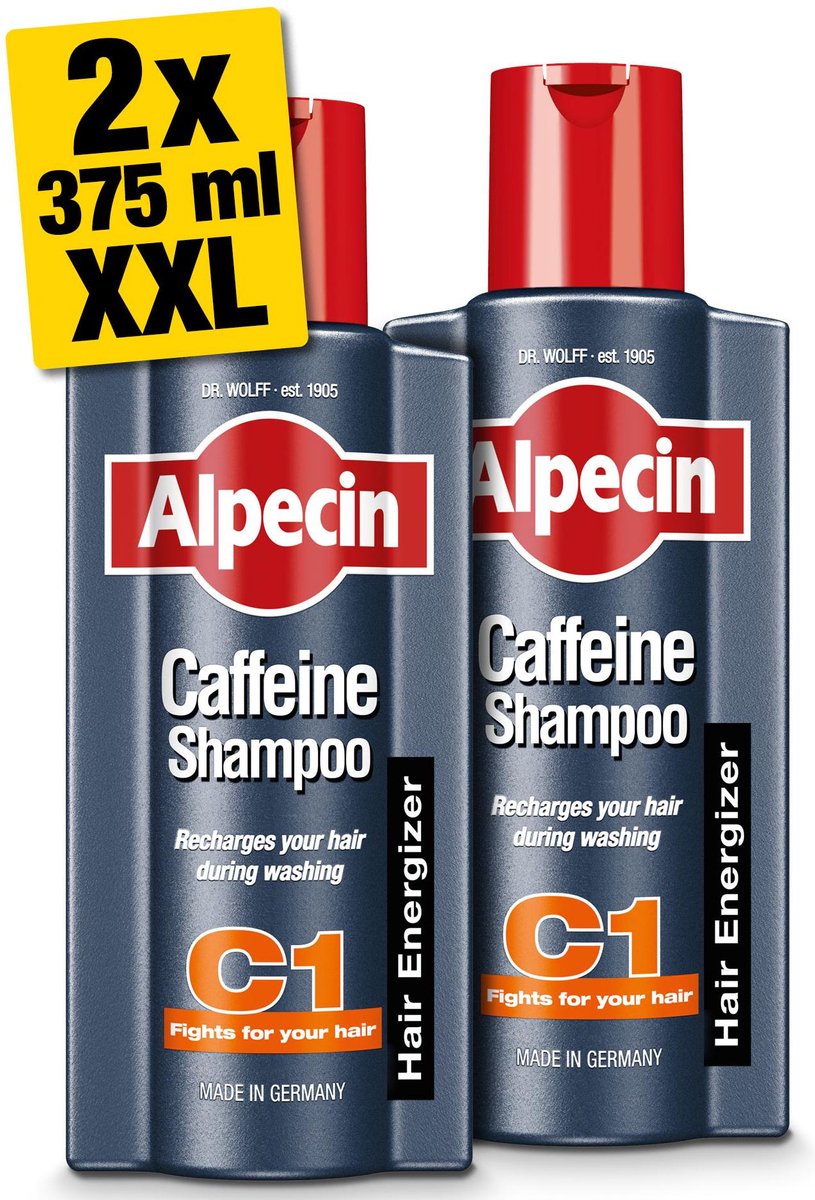 Alpecin Cafeïne Shampoo C1 2x 375ml | Voorkomt en Vermindert Haaruitval | Natuurlijke Haargroei Shampoo voor Mannen