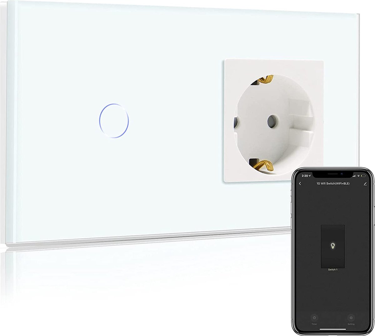 Bseed | stopcontact met wifi-lichtschakelaar | 1-voudige smart touch-schakelaar | werkt met Alexa/Google Home, Smart Life App | met glazen paneel en status-led | (neutrale geleider/ nuldraad is nodig)