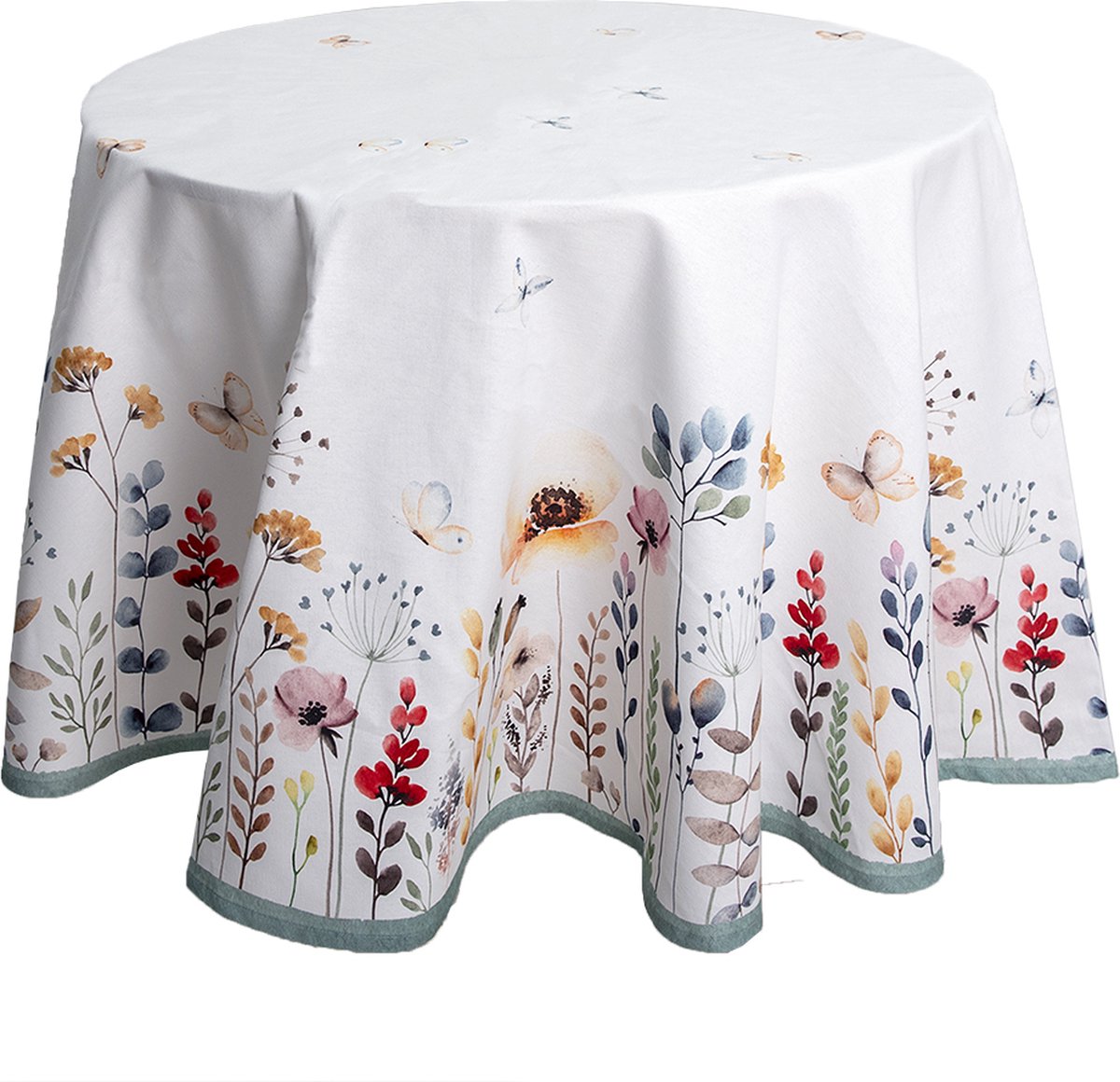 Clayre & Eef Tafelkleed Ø 170 cm Wit Groen Katoen Rond Bloemen Tafellaken