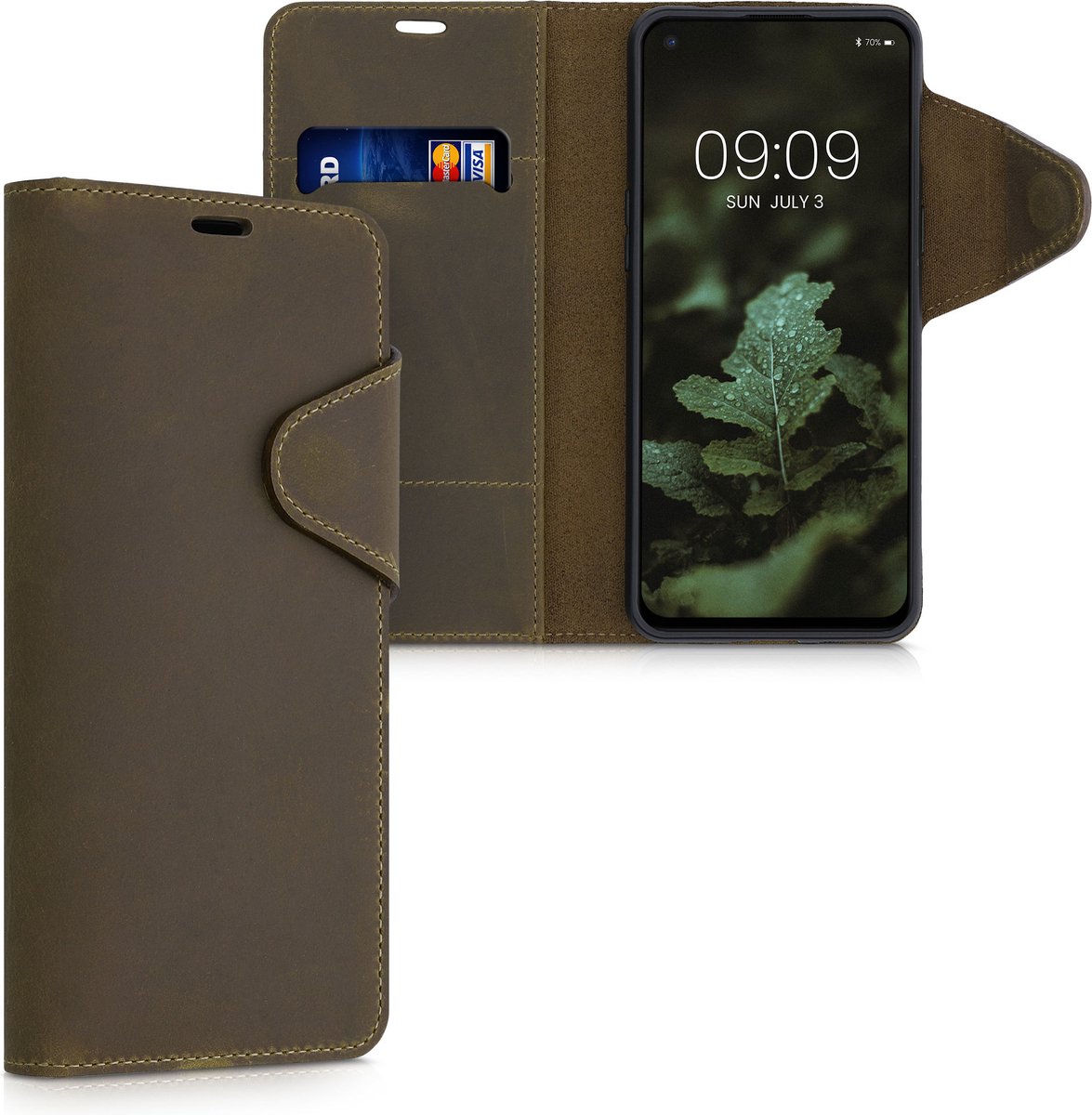 kalibri telefoonhoesje geschikt voor OnePlus Nord 2 5G - Hoesje met pasjeshouder en standaard - bruin - Wallet case