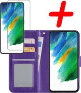 Hoes Geschikt voor Samsung S21 FE Hoesje Bookcase Hoes Flip Case Book Cover Met Screenprotector - Hoesje Geschikt voor Samsung Galaxy S21 FE Hoes Book Case Hoesje - Paars
