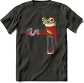 Casual koffie kikker T-Shirt Grappig | Dieren reptiel Kleding Kado Heren / Dames | Animal Skateboard Cadeau shirt - Donker Grijs - 3XL
