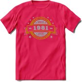 Premium Since 1981 T-Shirt | Goud - Zilver | Grappig Verjaardag Kleding Cadeau Shirt | Dames - Heren - Unisex Tshirt | - Roze - XL