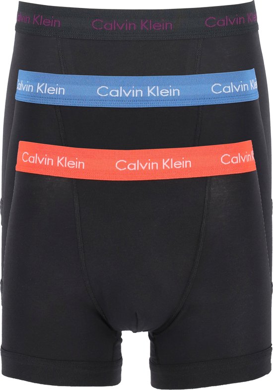 Calvin Klein trunks (3-pack) - heren boxers normale lengte - zwart met gekleurde tailleband - Maat: L