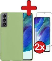 Samsung S21 FE Hoesje Siliconen Case Cover Met 2x Screenprotector - Samsung Galaxy S21 FE Hoesje Cover Hoes Siliconen Met 2x Screenprotector - Groen