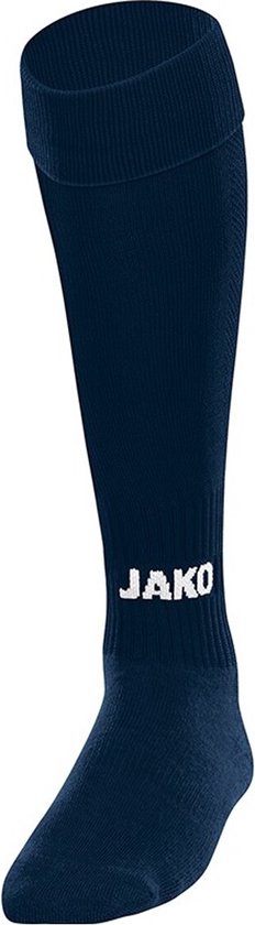 Chaussette bleu marine avec logo Jako blanc sur le tibia.