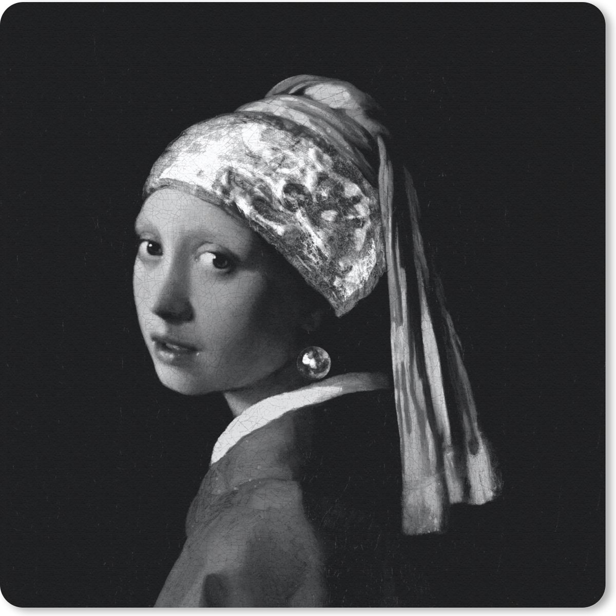 Muismat 20x20 cm - Mousepad Het meisje met de parel - Johannes Vermeer - Zwart - Wit - Muismatten