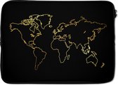 Laptophoes 14 inch 36x26 cm - Goud - Macbook & Laptop sleeve Gouden wereldkaart op een zwarte achtergrond - Laptop hoes met foto