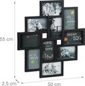 Zwarte fotolijst met 9 vakken, waarvan 3 met tekst: 'HOME SWEET HOME', 'JUST BE HAPPY', 'DREAM BIG'.