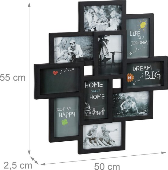 Zwarte fotolijst met 9 vakken, waarvan 3 met tekst: 'HOME SWEET HOME', 'JUST BE HAPPY', 'DREAM BIG'.