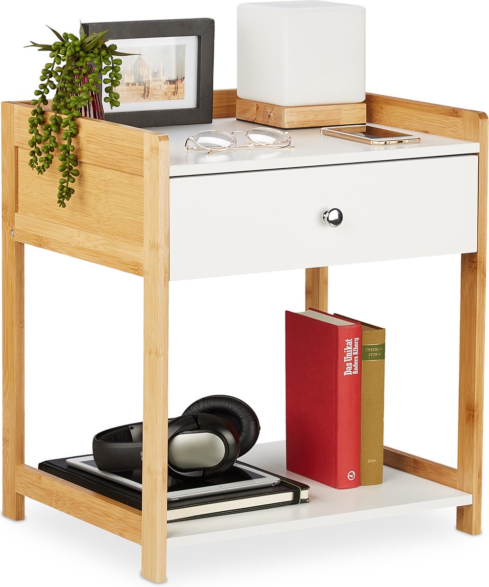 Relaxdays bedside table with drawer, HxWxD: 50x39x35cm, side table living & bedroom, metal, wood color/black