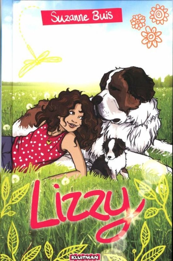 Boekomslag met een meisje met krullend haar en een grote hond in een veld. Titel 'Lizzy'.