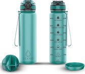 Lekro Waterfles met Tijdmarkeringen - Motiverende Drinkfles Met Fruitfilter en Shake Bal/Shaker - 1 Liter - BPA vrij - Turquoise