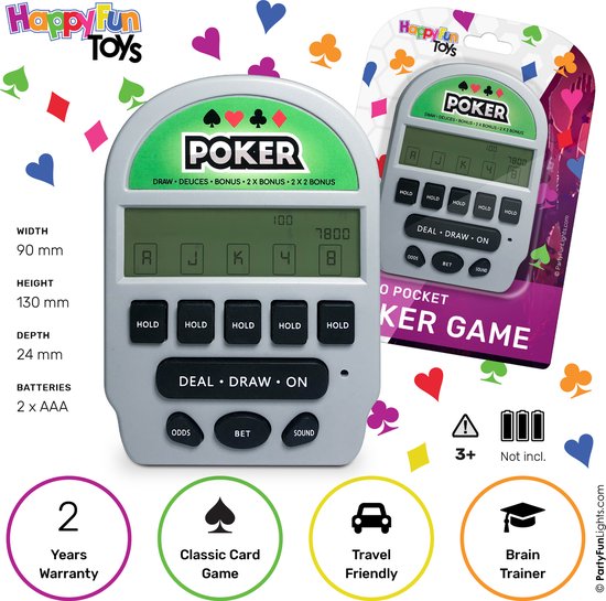 Thumbnail van een extra afbeelding van het spel HappyFunToys - Elektronisch Retro Poker zakspel 5-in-1 - reisspel - kaartspel - pocketspel