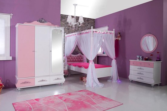 Prinses roze complete prinsessenkamer | Hemelbed 200 x 120 - nachtkastje bureau | bol.com