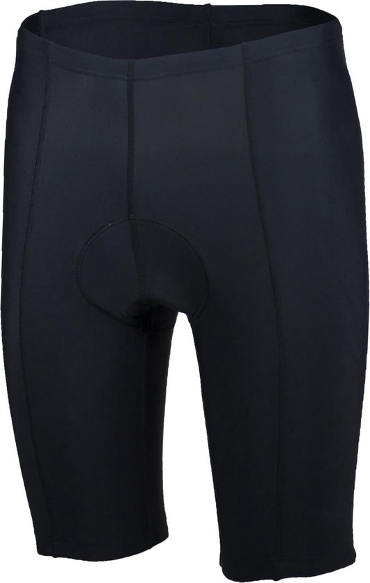 Zwarte fietsbroek voor heren met een gepolsterd kruis en contrasterende naden.