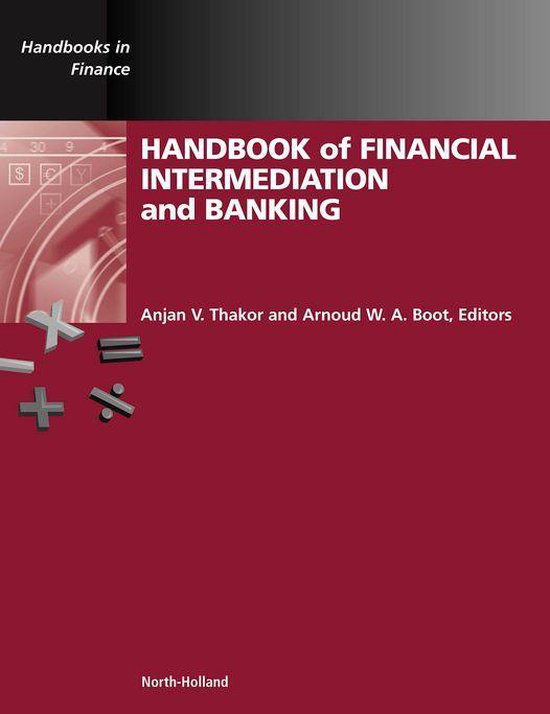 Boek 'Handbook of Financial Intermediation and Banking' met financiële symbolen.