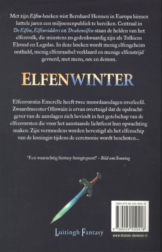 Boek kaft met de titel Elfenwinter, met een zwaard en elfenornamenten.