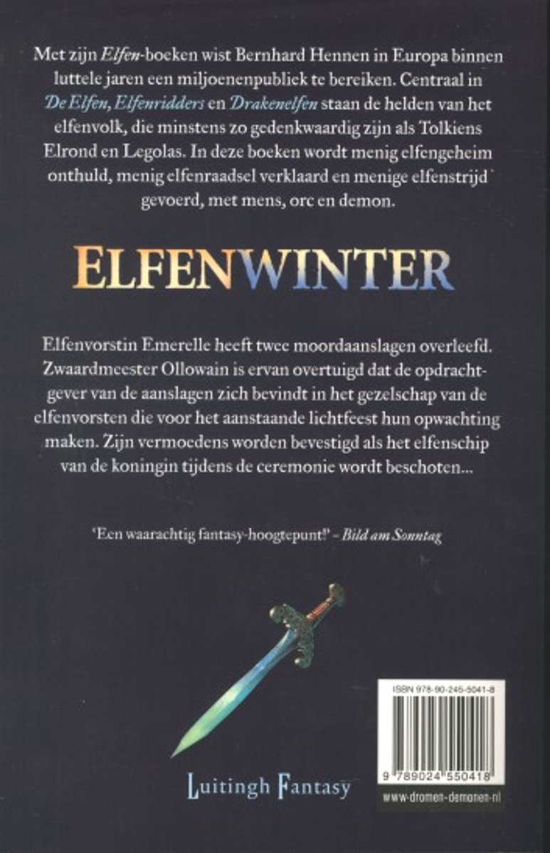 Boek kaft met de titel Elfenwinter, met een zwaard en elfenornamenten.