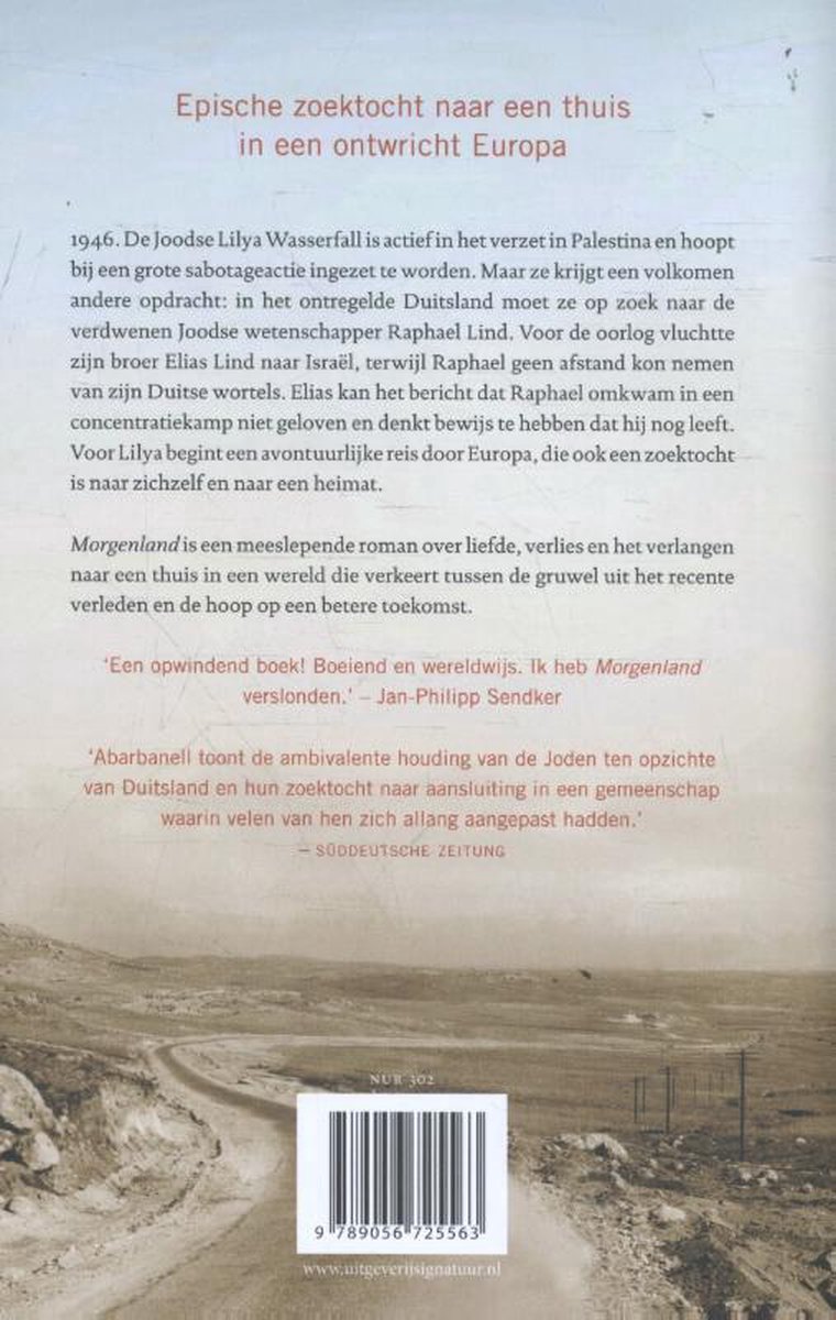 Achterkant van een boek met de titel 'Morgenland'. Bovenin een Nederlandse tekst over het verhaal, onderaan een QR-code en barcode.