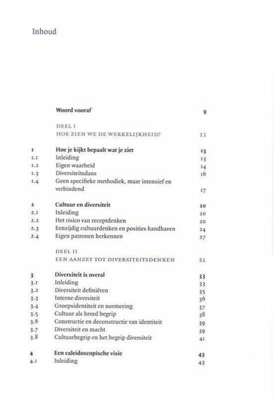 Inhoudsopgave van het boek, met hoofdstukken 1 tot en met 4 over cultuur en diversiteit.