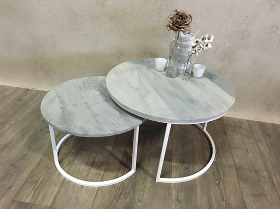 Goedkeuring Manieren Verdorde Set van 2 salontafels met grijs houten blad, wit onderstel | bol.com