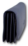Vue latérale d'un portefeuille bleu foncé en cuir avec plusieurs compartiments.
