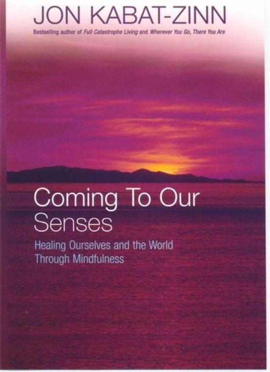 Boek 'Coming To Our Senses' van Jon Kabat-Zinn, met zonsondergang op de omslag.