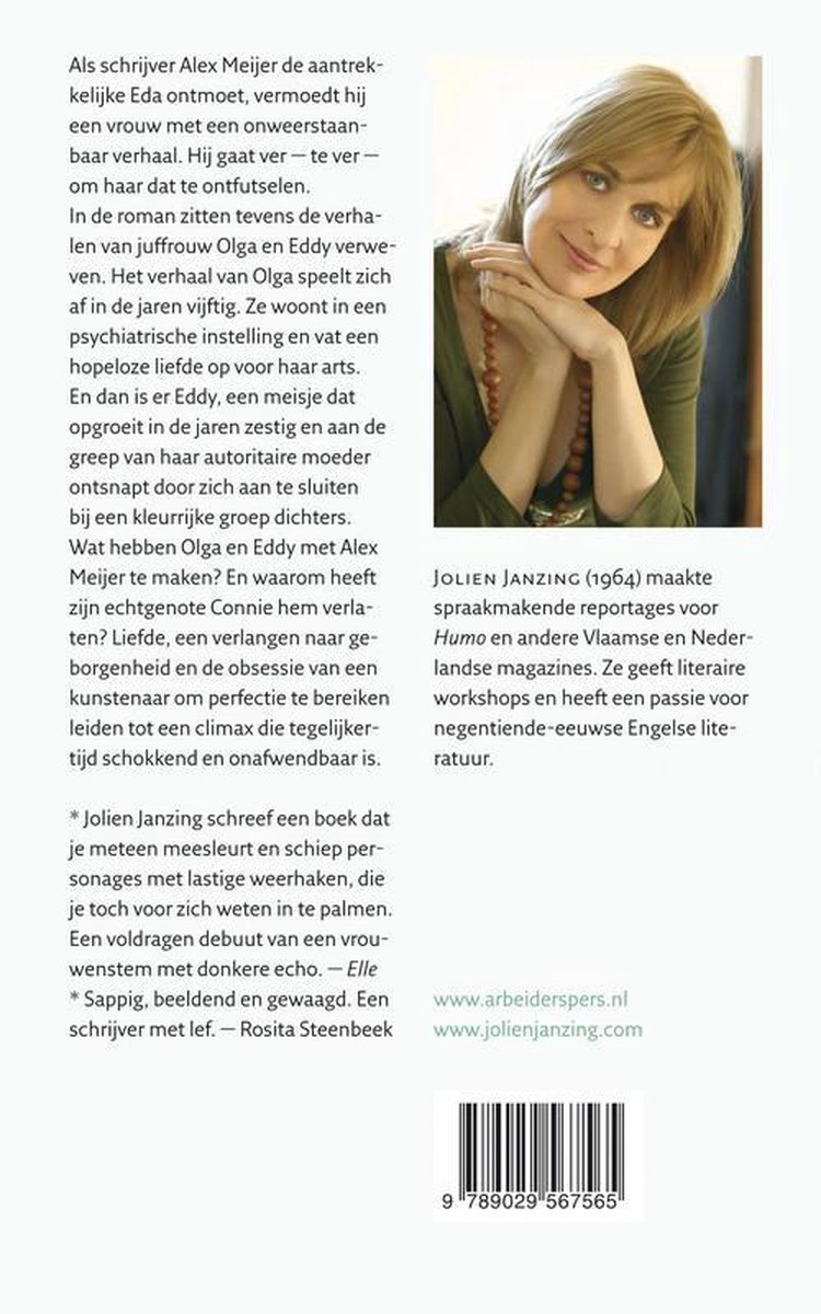 Achterkant van het boek "Grammatica van een obsessie" met foto van schrijfster Jolien Janzing en tekst.