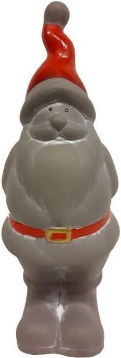 Kerstman beeldje van cement met rode muts en riem.