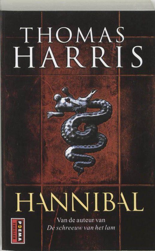 Boek "Hannibal" van Thomas Harris met op de voorkant een gedetailleerde afbeelding van een duistere draak tegen een roodbruine, lederachtige achtergrond. De titel "Hannibal" staat groot onderaan.