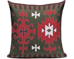 foto van Kelim Kussenhoes El Salvatierra - 45x45 cm. - met rits - groen - rood - wit - kussenhoezen