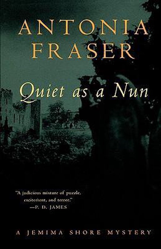 Couverture du livre 'Quiet as a Nun' par Antonia Fraser, un mystère de Jemima Shore, avec un château et une silhouette sombre.