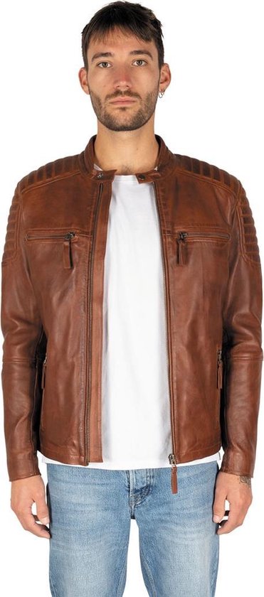 Harrisson Luxe Leren Jas - Heren Leren Jas in Bruin - Biker Jas Heritage - Cognac Bruin - Maat L