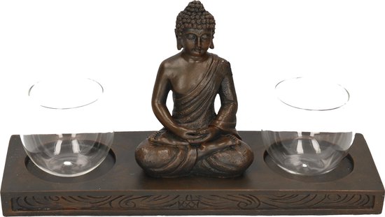 Zittende Boeddha waxinelichthouder op plank zwart 32 cm - Woondecoratie/woonaccessoires - Decoratiebeeldjes - Waxinelicht/kaars/theelicht houders - Boeddhabeelden voor in huis