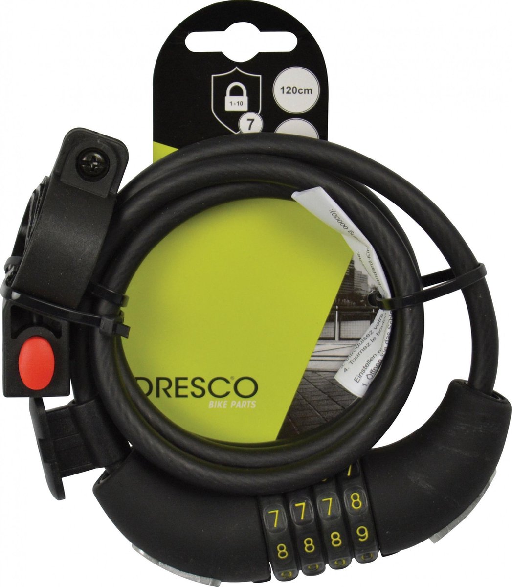 Dresco Kabelslot 120/8 Code - Spiraal/cijferslot - 120cm - Rond 8mm - Met steun - Zwart