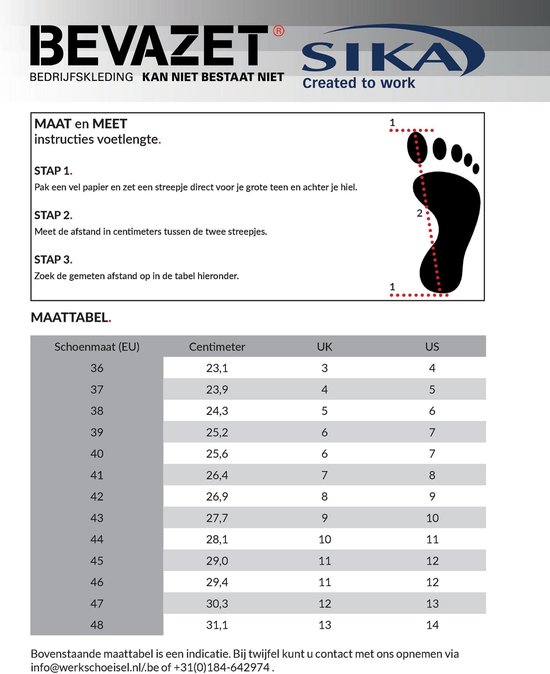 Maattabel voor schoenen met centimeters, UK en US maten.