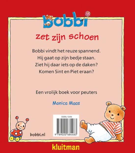 Boekkaft met de titel 'Bobbi zet zijn schoen'. Een bruine beer ligt op zijn buik. De tekst noemt Bobbi, een vrolijk peuterboek.