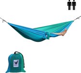 MoreThanHip (Reis)hangmat XXL Ocean – Blauw/groen/turkoois - 2 Persoons hangmat van lichtgewicht parachutestof met opbergzak - Ligoppervlak 260 x 210 cm - Lengte 290 cm - voor tuin, camping en vakantie