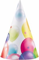 16x stuks Feesthoedjes met ballonnen opdruk van karton - Kinder verjaardag feestje artikelen