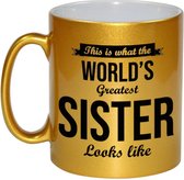 This is what the worlds greatest sister looks like cadeau koffiemok / theebeker - 330 ml - goudkleurig - verjaardag / cadeau - tekst mokken
