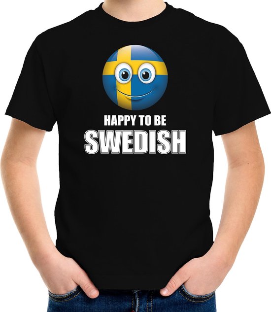 Zweden Happy to be Swedish landen t-shirt met emoticon - zwart - kinderen - Zweden landen shirt met Zweedse vlag - EK / WK / Olympische spelen outfit / kleding 122/128