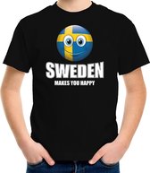 Sweden makes you happy landen t-shirt Zweden met emoticon - zwart - kinderen - Zweden landen shirt met Zweedse vlag - EK / WK / Olympische spelen outfit / kleding 134/140