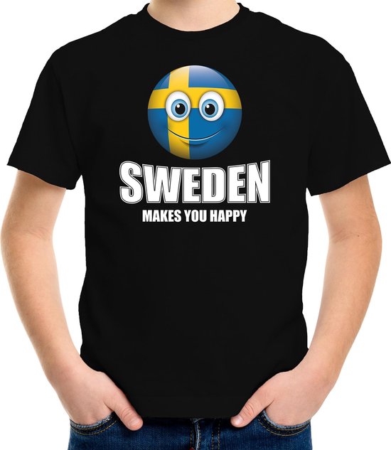 Sweden makes you happy landen t-shirt Zweden met emoticon - zwart - kinderen - Zweden landen shirt met Zweedse vlag - EK / WK / Olympische spelen outfit / kleding 134/140