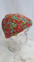 Handgemaakte kindermuts roze blauw groen gemeleerd 80% acryl 20% wol, lengte 18cm, breedte 19cm,kleine maat S