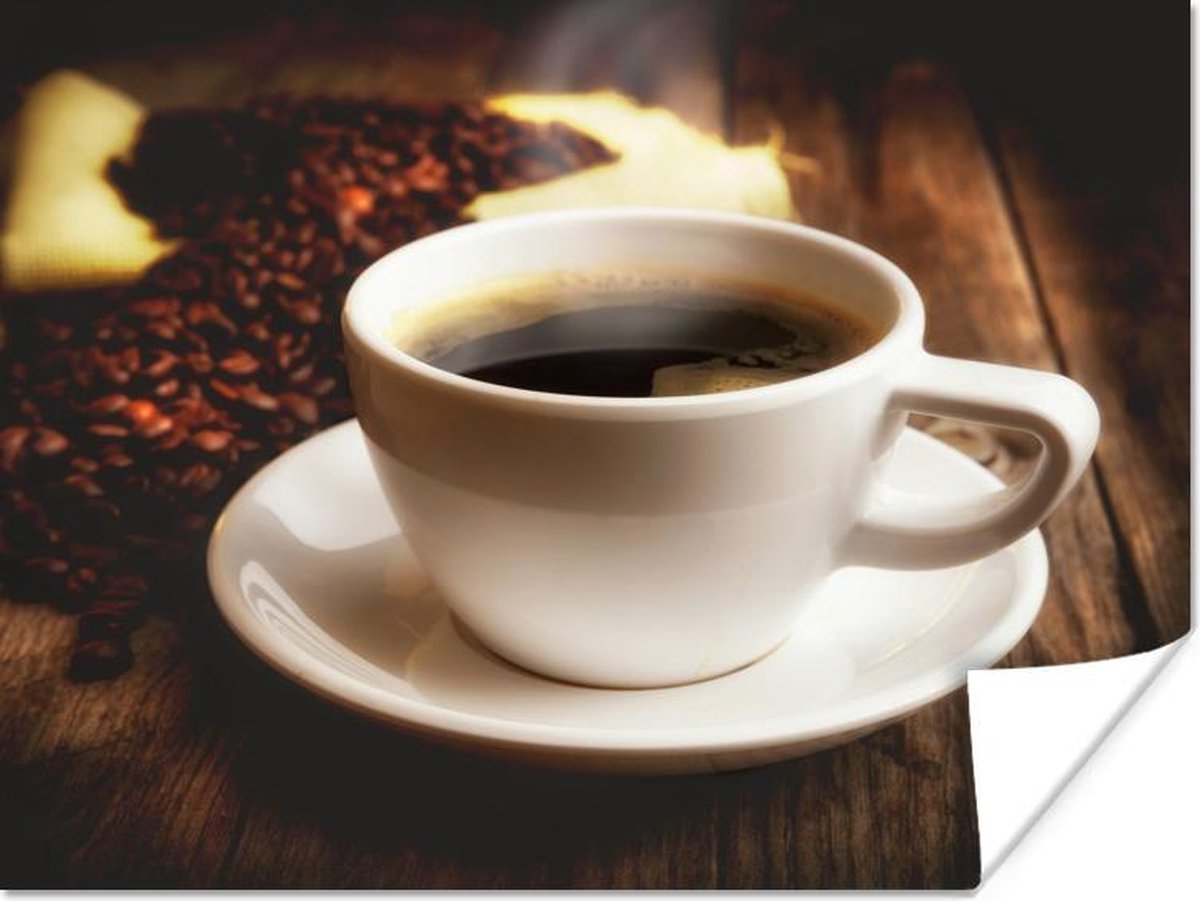 Een heet bakje koffie is geserveerd met koffiebonen poster 80x60 cm Foto print op...