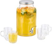 Relaxdays limonadetap set - water dispenser - 4 glaasjes - sapkan - met tap - doorzichtig