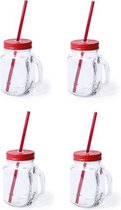 8x stuks Glazen Mason Jar drinkbekers rode dop en rietje 500 ml - afsluitbaar/niet lekken/fruit shakes
